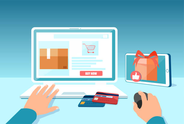 Vector of a man shopping online and and making orders using a laptop computer Vector of a man shopping online and and making orders using a laptop computer online shopping stock illustrations