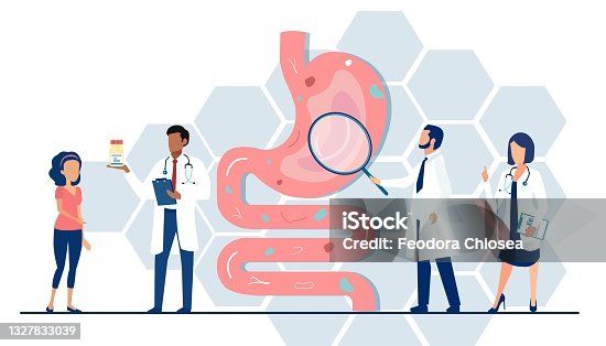 istock Vector of a medical team examining gastrointestinal tract and digestive system giving advice to a patient 1327833039