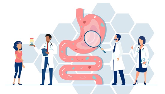 Vector of a medical team doctors examining gastrointestinal tract and digestive system giving advice to a patient