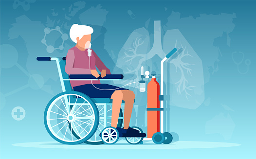 Vector of a senior woman sitting in wheelchair having respiratory difficulties on oxygen therapy
