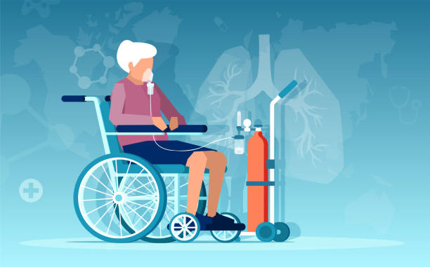 Vector of a senior woman sitting in wheelchair having respiratory difficulties on oxygen therapy Vector of a senior woman sitting in wheelchair having respiratory difficulties on oxygen therapy oxygen stock illustrations