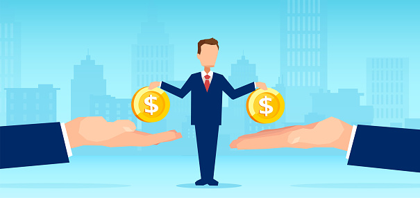 Vector of a small businessman owner paying money to big creditors