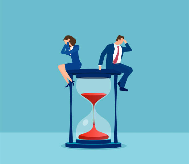 Vector of a stressed businessman and businesswoman sitting on a hourglass Vector of a stressed businessman and businesswoman sitting on a hourglass divorce stock illustrations