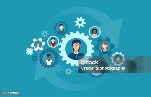 istock Vector of a teacher interconnected with students in a network of gear mechanisms 1307189489