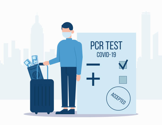 코로나바이러스에 대한 pcr 테스트를 네거티브한 여행자 의 벡터와 탑승권 티켓이 있는 여권 - pcr 장치 stock illustrations
