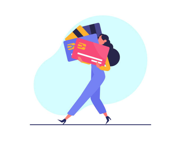 ilustrações de stock, clip art, desenhos animados e ícones de vector of a woman carrying multiple credit cards on white background - credit card