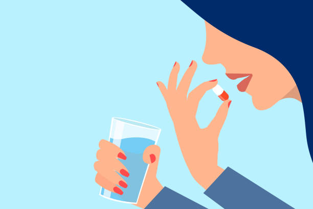 stockillustraties, clipart, cartoons en iconen met vector van een vrouw die haar pillen met glas water neemt - woman eating