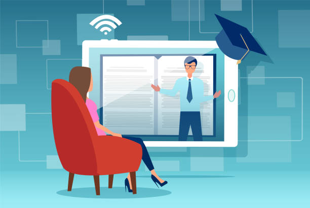 Vector of a woman watching online classes from home on tablet computer  MBA stock illustrations
