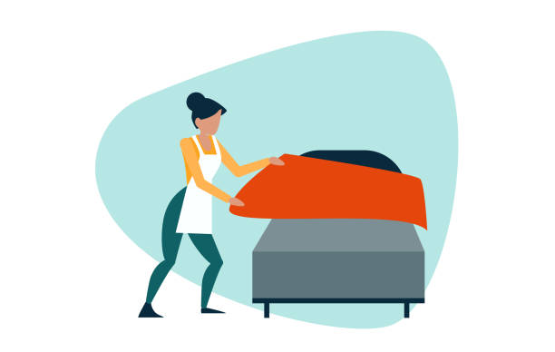 Vector of a young woman making the bed in the room vector art illustration