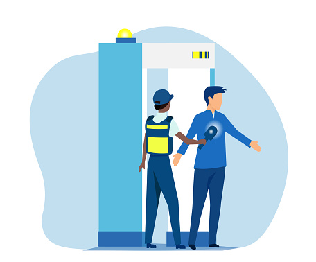 Vector of an airport security guard checking passenger with metal detector and scanner.