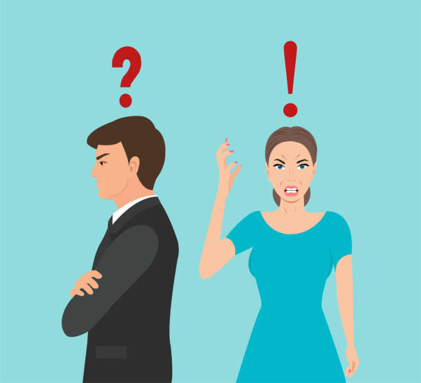 Vector of an angry young woman wife screaming at confused upset man Vector of an angry young woman wife screaming at confused upset man divorce backgrounds stock illustrations
