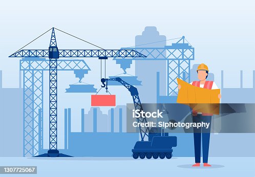 istock Vector of an architect reviewing plan of a new building at a construction site 1307725067