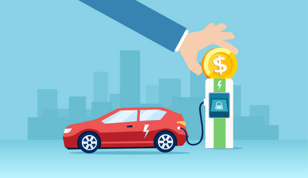 ilustrações de stock, clip art, desenhos animados e ícones de vector of an electric car charging at the charger station saving money to driver - car charger