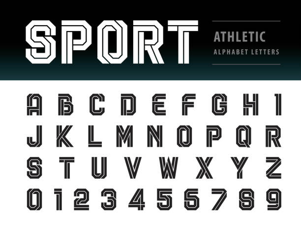 Vector of Athletic Alphabet Letters and numbers, Geometric Font Technology, Sport, Futuristic Future Vector of Athletic Alphabet Letters and numbers, Geometric Font Technology, Sport, Futuristic Future, Bold Letters set for Force, school, army, power, academy, College, University, fitness, sportswear, gym, Varsity soccer symbols stock illustrations