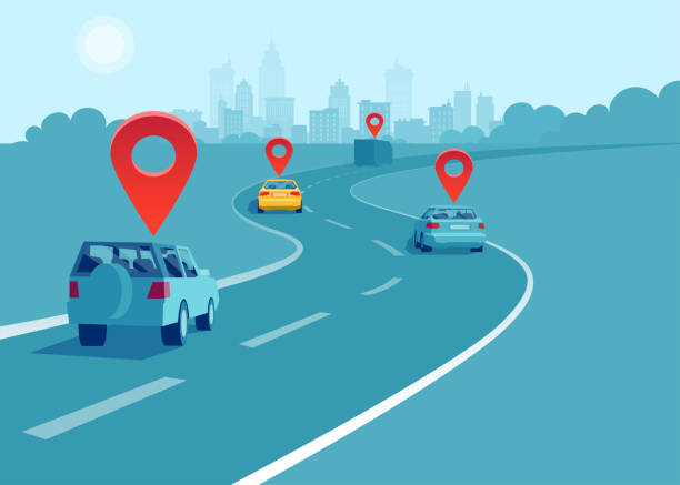 Vector of cars and trucks driving on a highway with geo location signs. Concept of navigation and direction. Vector of cars and trucks driving on a highway with geo location signs. Concept of navigation and direction. driving stock illustrations