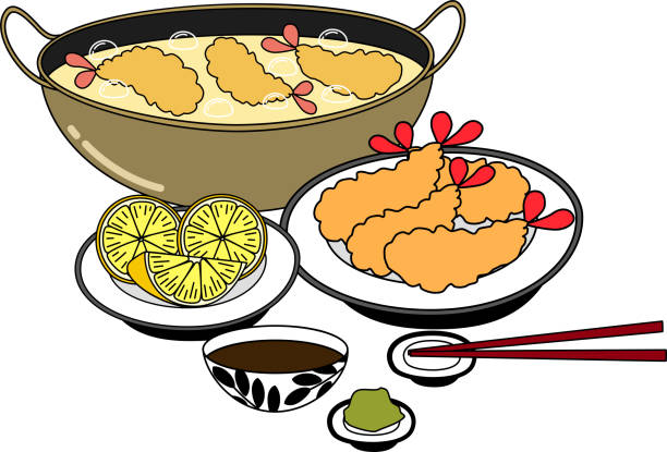 日本食天ぷらエビのホットディッシュのフラット落書きキャラクターデザインイラストのベクトル、醤油、レモン、わさびで食べれます - エビフライ点のイラスト素材／クリップアート素材／マンガ素材／アイコン素材