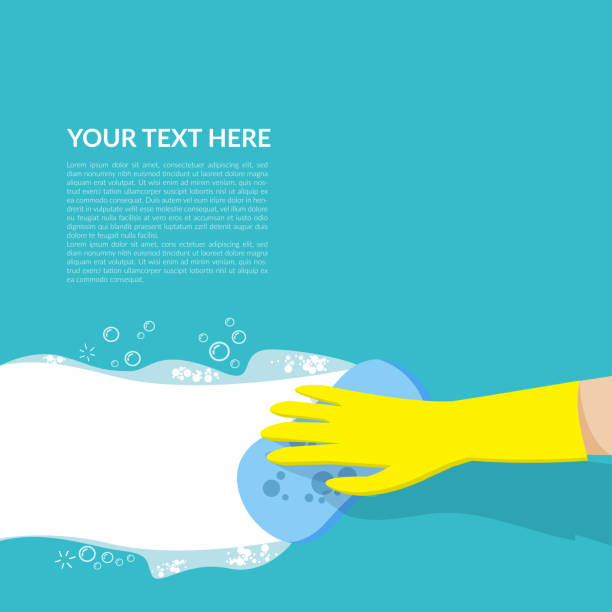 illustrations, cliparts, dessins animés et icônes de vecteur de main avec le gant en caoutchouc jaune retenant le nettoyage bleu d'éponge avec le détergent blanc de bulle isolé sur le fond bleu avec l'espace de copie pour le texte ou le logo - ménage