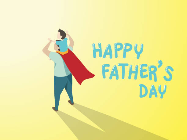 向量快樂父親的日子賀卡。穿著超級英雄服裝的爸爸讓兒子在黃色背景上用文字快樂父親的日子肩並肩地騎著馬 - fathers day 幅插畫檔、美工圖案、卡通及圖標