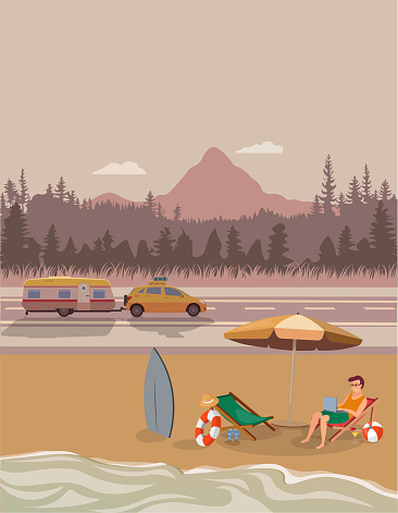 Vector of man sunbathing under umbrella on beach by highway. Summer concept. Mountain view road and caravan illustration. Sea, sand concept. Vector of young man resting and vacationing on the beach. Camper on the beach