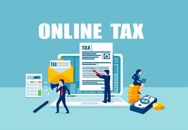 Vector of people filling tax form documents using internet services Filling taxes online concept. Vector of people filling tax form documents using internet services irs stock illustrations