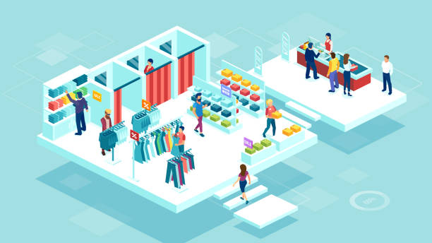 ilustrações de stock, clip art, desenhos animados e ícones de vector of people men and women shopping together at the shopping mall buying clothing - changing room