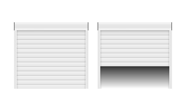 ilustrações de stock, clip art, desenhos animados e ícones de vector of realistic door with rolling shutters on white background. open and closed. vector illustration. - garagem abrindo