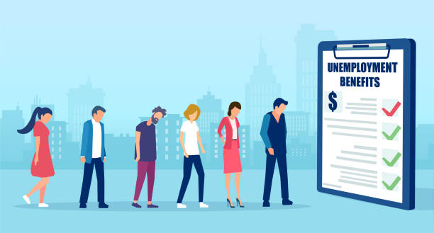 Vector of sad jobless men and women staying in line for insurance unemployment benefits. Vector of sad jobless men and women staying in line for insurance unemployment benefits. downsizing unemployment stock illustrations