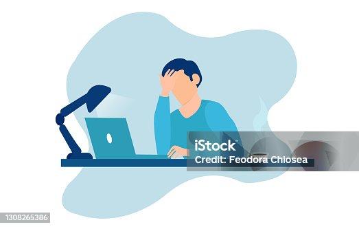 istock Vector of stressed tired man sitting at table working on laptop computer 1308265386