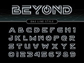 Vector of Futuristic Alphabet Letters and numbers, One linear stylized rounded fonts, One single line for each letter, Bronze Letters set for sci-fi, military.
