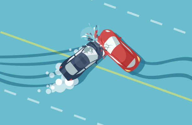 Vector of two car accident top view of vehicle collision on blue background Vector of two car accident top view of vehicle collision on blue background damaged stock illustrations