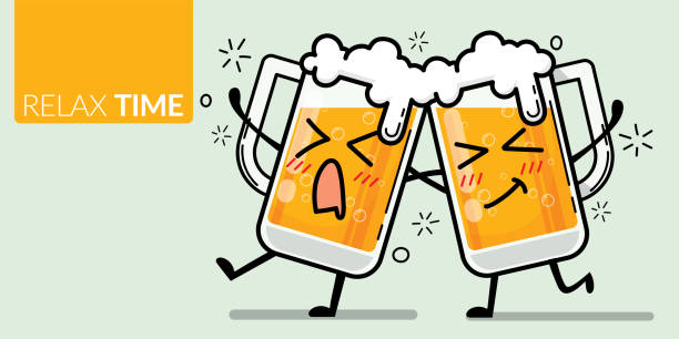vector of two glass of beer with funny face for drunk emotion with text relax time vector art illustration