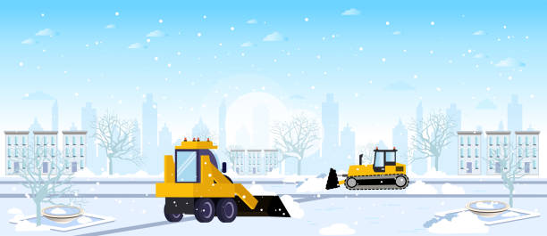 ilustraciones, imágenes clip art, dibujos animados e iconos de stock de vector de dos tractores de arado de nieve que limpian las calles de invierno de la ciudad después de una tormenta de nieve - public service