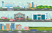 Vector of urban big cityscape and rural area with modern buildings, skyscrapers, houses, airport, hospital, fire department and passing by cars and buses.