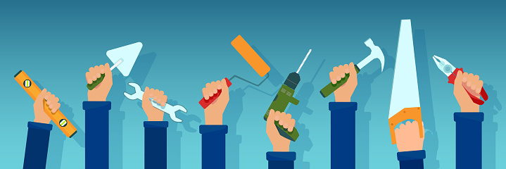 Vector of workers holding repair tools in their hands isolated on blue background.