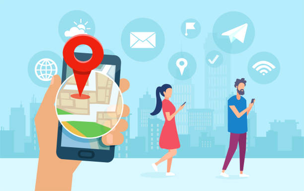 Vector of young people using smartphone apps sharing location, chatting browsing internet Vector of young people using smartphone apps sharing location, chatting browsing internet person looking at map stock illustrations