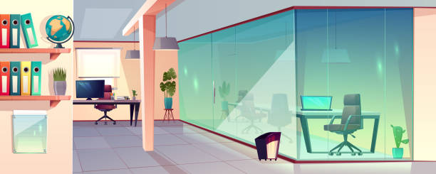 Vector office, workplace with transparent glass wall Vector cartoon illustration of bright office, modern workplace with transparent glass wall and tile floor. Corporate space for job with furniture and green plants, business cabinet for professionals. office backgrounds stock illustrations