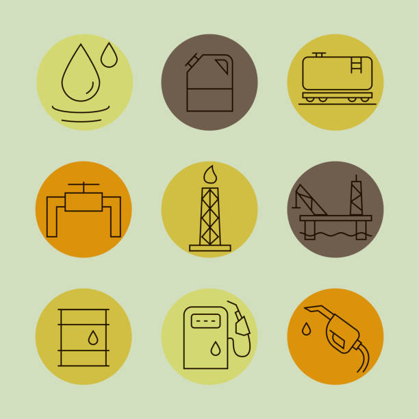 ilustraciones, imágenes clip art, dibujos animados e iconos de stock de vector oil y petrol ideos iconos de la industria de la petróleo conjunto - gas pump