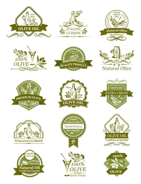 Vector olive icons of for organic olive oil Olive oil icons of green and black olives for extra virgin product bottle packing label templates vector isolated set. Italian cuisine best quality vector organic cooking oil drops and olive leaf green olives jar stock illustrations