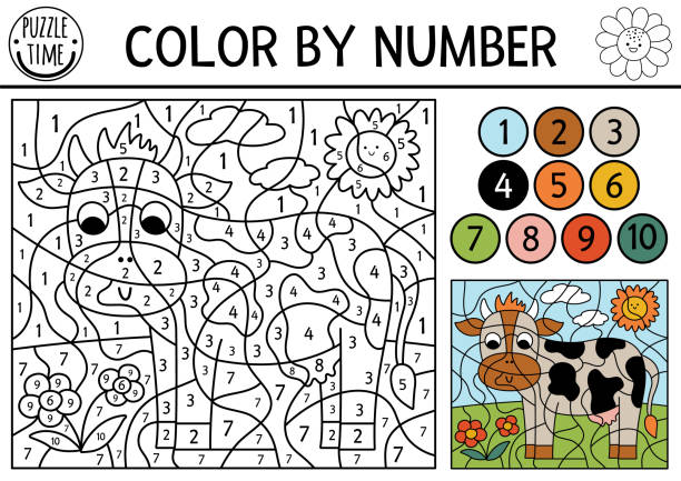 Vector on the farm color by number activity with cow in the meadow. Rural country scene black and white counting game with farm animal. Coloring page for kids with countryside scene Vector on the farm color by number activity with cow in the meadow. Rural country scene black and white counting game with farm animal. Coloring page for kids with countryside scene printable cow stock illustrations