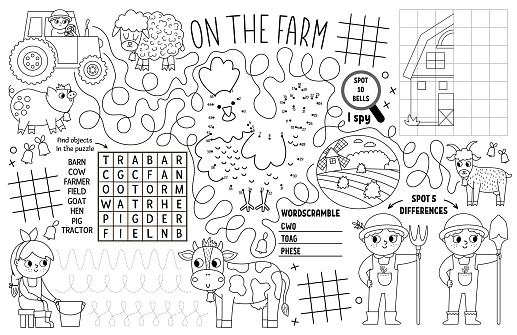 Vector on the farm placemat for kids. Country farm printable activity mat with maze, tic tac toe charts, connect the dots, find difference. Farmhouse black and white play mat or coloring page