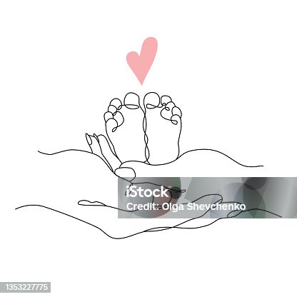 istock Vector one line art illustrations of a new born baby heels and mother holding a new born baby. Lineart family portret. One line hand with heart 1353227775