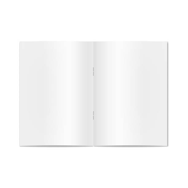 Vector opened realistic book, journal, magazine or newspaper on staples mockup Vector opened realistic notebook, book, journal, magazine or newspaper on staples mockup. Blank open pages of sketchbook or exercise book template spreading stock illustrations