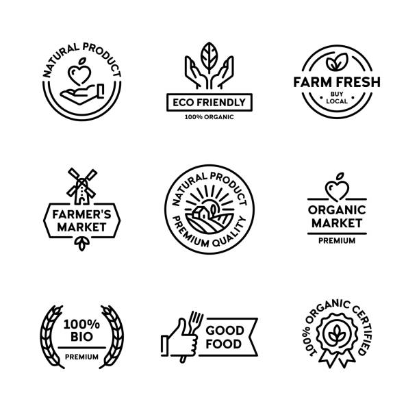 bildbanksillustrationer, clip art samt tecknat material och ikoner med vektor organiska naturliga produkt etikett set - food certificate symbol