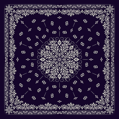 Vector ornament Bandana Print. Traditional ornamental ethnic pattern with paisley and flowers. Silk neck scarf or kerchief square pattern design style, best motive for print on fabric or papper