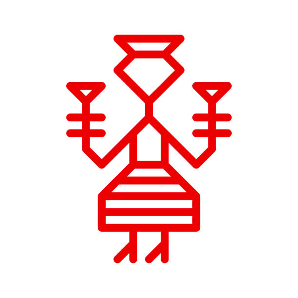 vector ornamental concept for embroidery. red symbol of finnish woman. outline icon of karelian girl dressing in traditional national costume. decorative sign of female person holding flowers - 北卡累利阿區 芬蘭 幅插畫檔、美工圖案、卡通及圖標
