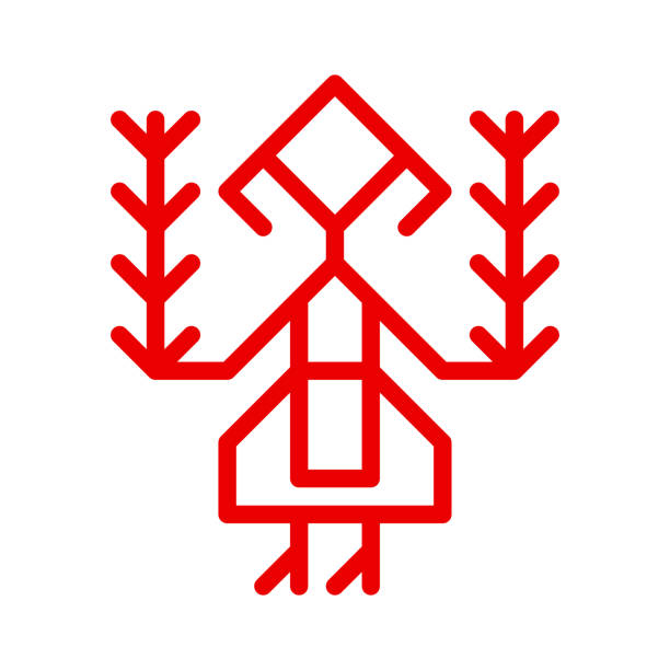 vector ornamental concept for embroidery. red symbol of finnish woman. outline icon of karelian girl dressing in traditional national costume. decorative sign of female person holding ears of wheat - 北卡累利阿區 芬蘭 幅插畫檔、美工圖案、卡通及圖標