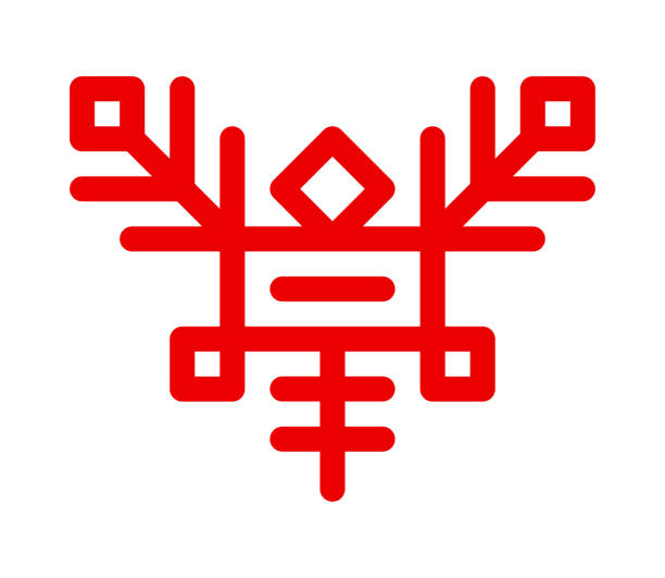 vector ornamental concept has red simple symbol of flying insect. outline icon of mosquito is traditional decorative element of karelia and finland peoples. national sign of coniferous tree branch - 北卡累利阿區 芬蘭 幅插畫檔、美工圖案、卡通及圖標
