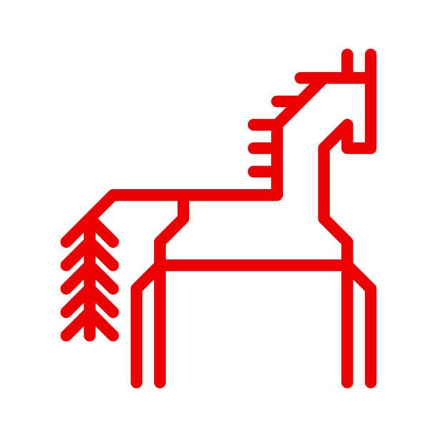 vector ornamental concept has red simple symbol of horse. outline icon of animal is traditional decorative element of karelia and finland peoples. national sign of hoss - 北卡累利阿區 芬蘭 幅插畫檔、美工圖案、卡通及圖標