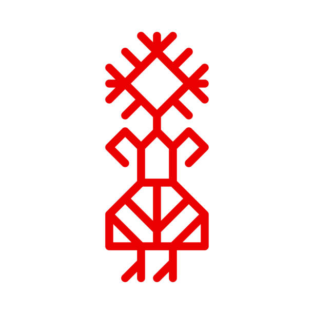 vector ornamental concept has red simple symbol of woman. outline icon of girl in traditional national dress of karelia and finland peoples. decorative sign of female person for native embroidery - 北卡累利阿區 芬蘭 幅插畫檔、美工圖案、卡通及圖標