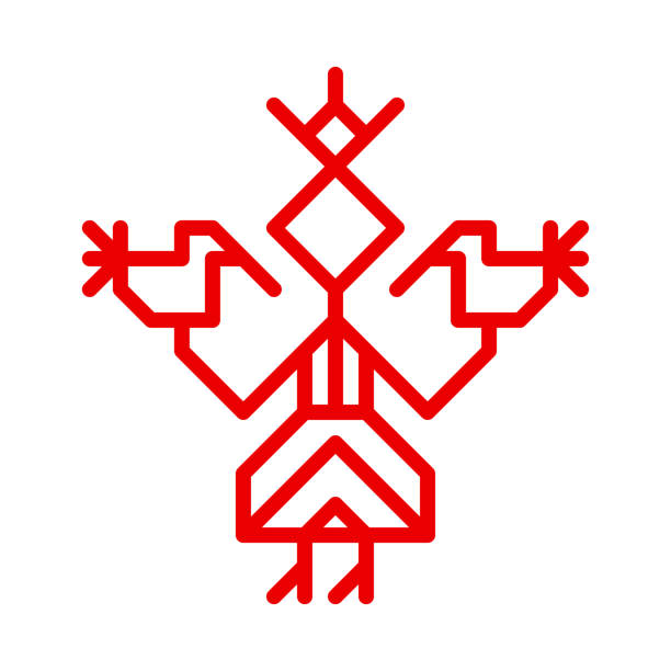 vector ornamental concept has red simple symbol of woman. outline icon of girl in traditional national dress of karelia and finland peoples. decorative sign of female person holding birds - 北卡累利阿區 芬蘭 幅插畫檔、美工圖案、卡通及圖標
